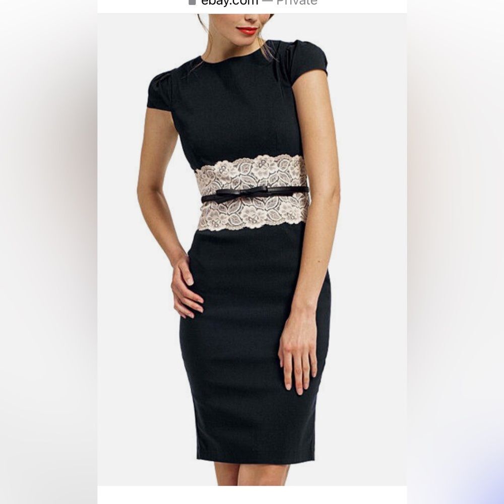 London Dress Company Black Cream Lace Katrina Bodycon Dress Size 8 Sexy Office